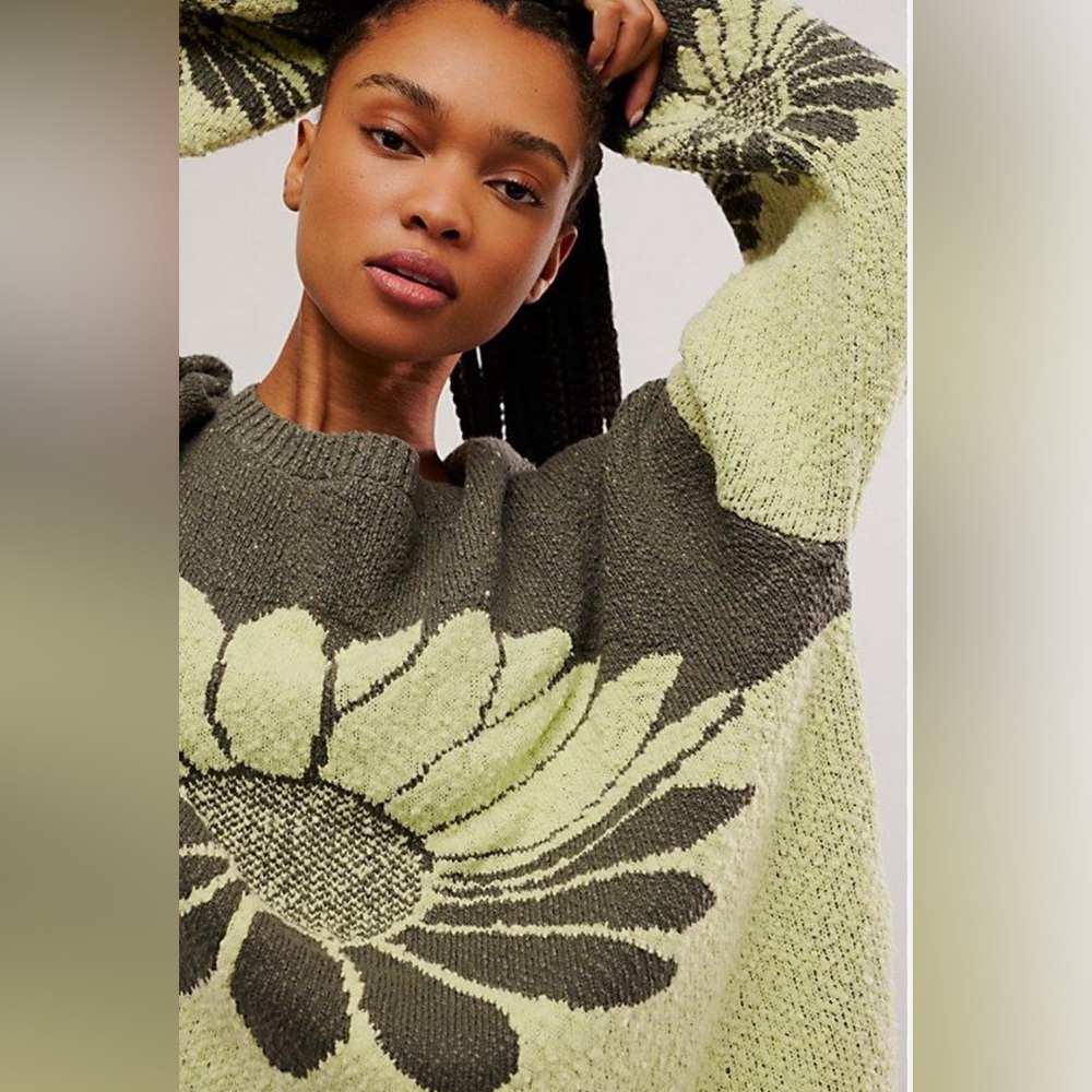 Free People In Bloom Sweater Luminary Olive Combo Sz Medium - Picture 2 of 8